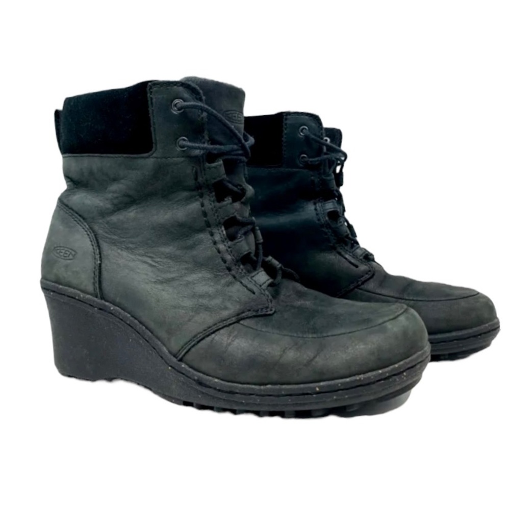 Keen Womens Sz US 8.5 Akita Wedge Ankle Boot Black Leather Winter Warm 1007689